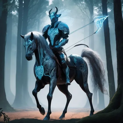 Prompt: Imagine a scene within the mystical digital forests of Arcadia, where the boundary between the ancient world and a cybernetic future dissolves. In the heart of this forest stands a majestic Cyber Centaur, a synthesis of human intelligence and equine grace, augmented with cutting-edge technology. The centaur's upper body is that of a seasoned warrior, muscular and noble, with skin that transitions into sleek, bio-organic armor etched with glowing blue circuits. His face is wise and resolute, crowned with a mane of white hair that flows like streams of light, eyes deep and radiant with a matrix of data. The lower body is a masterpiece of biomechanical engineering, with powerful, articulated limbs of polished chrome and carbon fiber, joints aglow with the pulsating energy of micro-reactors, and hooves that crackle with digital embers. This centaur archer, poised and composed, draws a bow of pure energy, ready to unleash arrows of light that carry the wisdom of the old world and the promise of the new. Behind him, the forest is alive with bioluminescent foliage and holographic wildlife, a landscape where reality is augmented and everything is interconnected in a web of shimmering code.