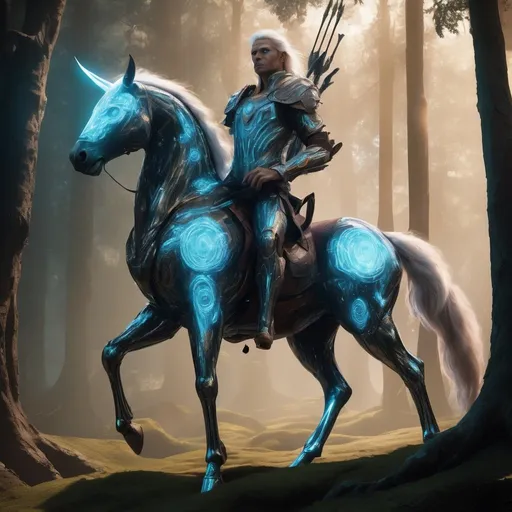 Prompt: Imagine a scene within the mystical digital forests of Arcadia, where the boundary between the ancient world and a cybernetic future dissolves. In the heart of this forest stands a majestic Cyber Centaur, a synthesis of human intelligence and equine grace, augmented with cutting-edge technology. The centaur's upper body is that of a seasoned warrior, muscular and noble, with skin that transitions into sleek, bio-organic armor etched with glowing blue circuits. His face is wise and resolute, crowned with a mane of white hair that flows like streams of light, eyes deep and radiant with a matrix of data. The lower body is a masterpiece of biomechanical engineering, with powerful, articulated limbs of polished chrome and carbon fiber, joints aglow with the pulsating energy of micro-reactors, and hooves that crackle with digital embers. This centaur archer, poised and composed, draws a bow of pure energy, ready to unleash arrows of light that carry the wisdom of the old world and the promise of the new. Behind him, the forest is alive with bioluminescent foliage and holographic wildlife, a landscape where reality is augmented and everything is interconnected in a web of shimmering code.