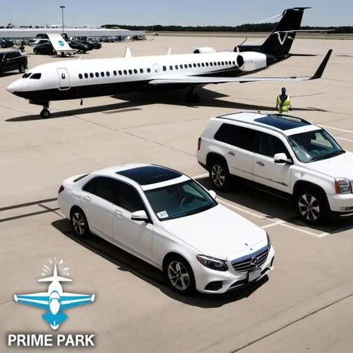 Prompt: prime park valet airport parking logo with plane and car in it