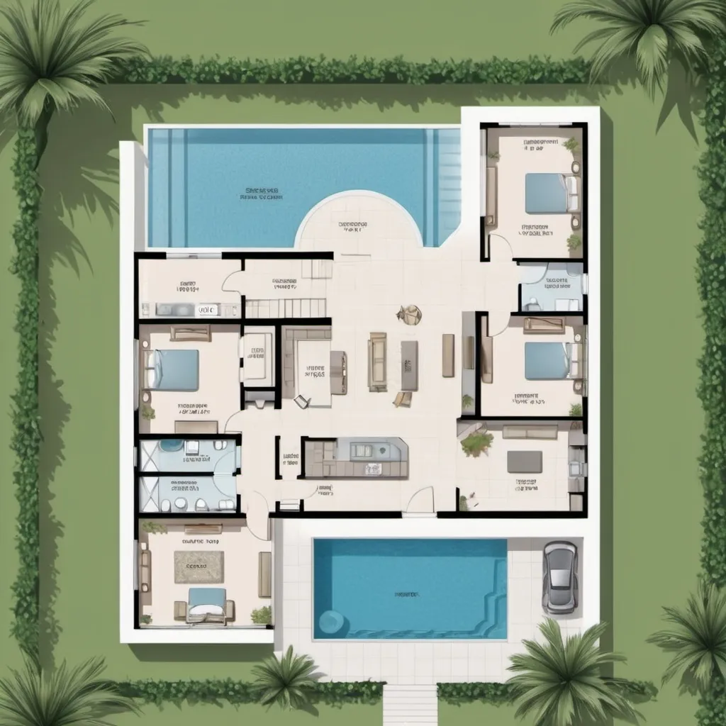 Prompt: luxury home floorplan, backyard, frontyard, pool, 2D vector illustrations, high quality, detailed layout, modern design, professional style, minimalistic, precise lines, clean and crisp, luxurious space, top-notch, well-crafted, artistic floorplan, spacious layout, accurate representation, high-res, polished, architectural, detailed home, clear and precise, professional vector illustration, organized and efficient, minimalistic design