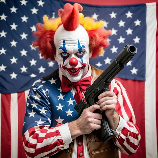 Prompt: Us man Clown with flag us heat and his Gun