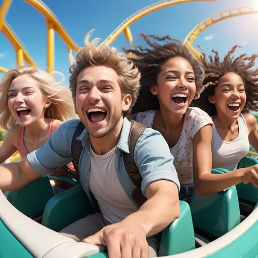 Prompt: Hyperrealistic scene of  white people enjoying a roller coaster ride. The riders are diverse in age and ethnicity, all smiling and laughing with excitement as they zoom through loops and turns. The image captures their exhilaration, with wind blowing through their hair, and expressions of pure joy and thrill. The roller coaster is set against a bright, sunny day with clear blue skies and lush greenery in the background. The scene is vibrant, dynamic, and filled with energy, with realistic lighting and detailed facial expressions.