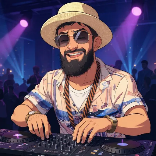 Prompt: create an image of a dj playing anime style use the face of the photo i uploaded