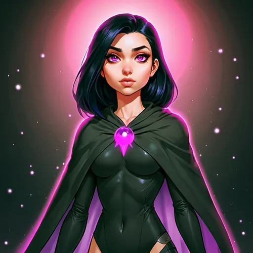 Prompt: teen titan raven but she's got a pink cloak on, eyes are slightly pink because she's high, a purple translucent orb in each of her hands 