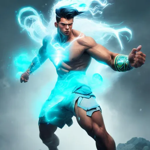 Prompt: Man with air elemental powers, digital illustration, white and cyan hues, detailed facial expressions, high quality, digital art, air elemental, tribal markings, powerful stance, dramatic lighting