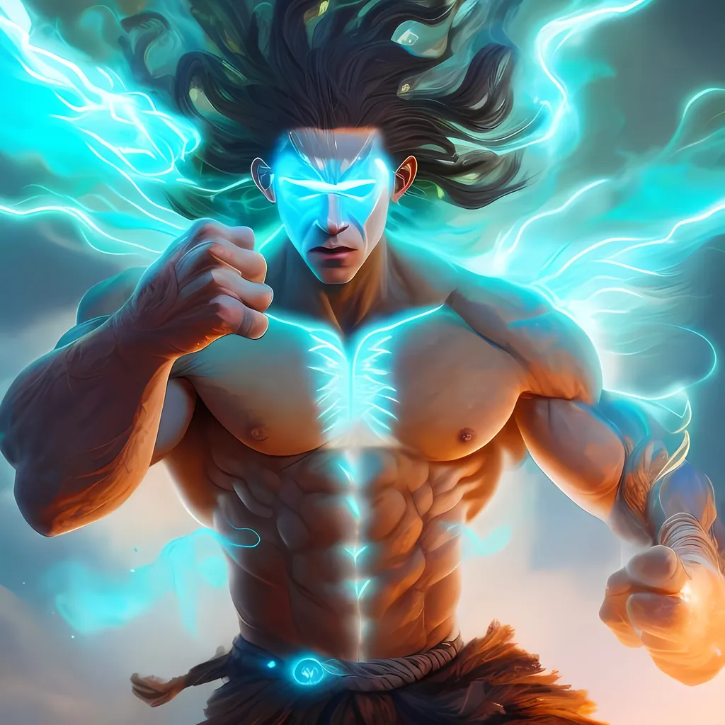 Prompt: Man with air elemental powers, digital illustration, intense air emanating from hands, fiery white and cyan  hues, ancient tribal markings, detailed facial expressions, high quality, digital art,air elemental, tribal markings, powerful stance, dramatic lighting