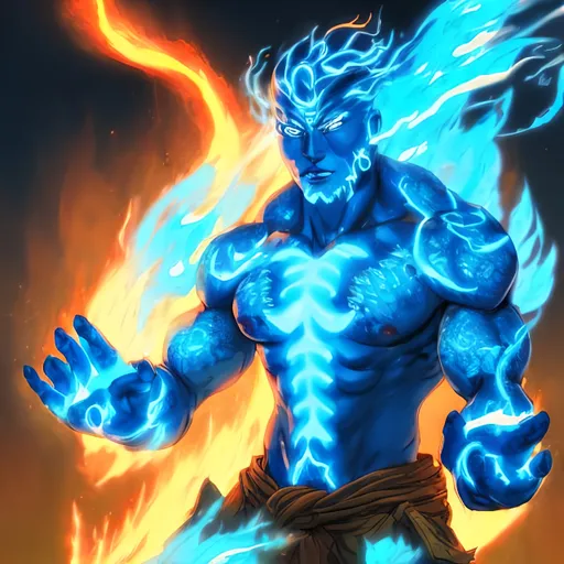 Prompt: Man with water elemental powers, digital illustration, intense flames emanating from hands, fiery blue and cyan  hues, ancient tribal markings, detailed facial expressions, high quality, digital art,water elemental, tribal markings, powerful stance, dramatic lighting