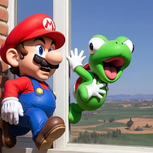 Prompt: Mario cries and Luigi throws Toad out of window