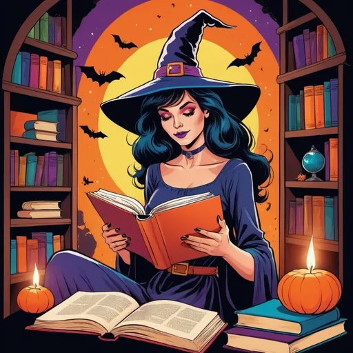 Prompt: A beautiful witch is reading a book. She is also sorounded by books of different genres. Vibrant colors, 70s comic book style.