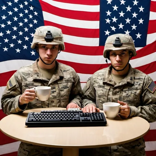 Prompt: soldiers holding computer keyboards standing in a teacup with the American flag on the side