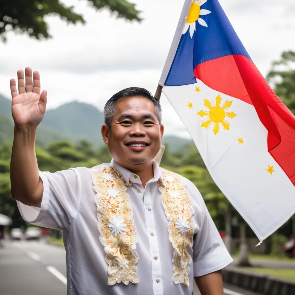 Prompt: A middle aged filipino man, wearing traditional barong tagalog, standing and waving the Philippine flag