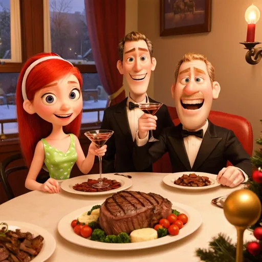 Prompt: an excited man and woman our for christmas dinner with big smiles toasting with martinis over a steak dinner
