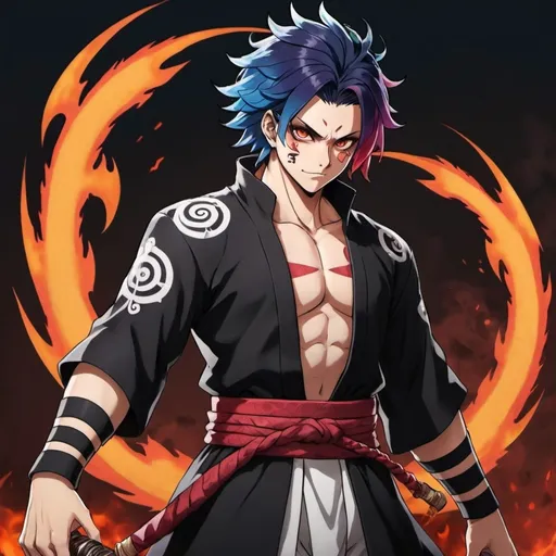 Prompt: combine all op 
make me a anime demon slayer which is the strongest who uses draconic eclipse breathing forms with red black and blue hair with like a dragon like fire background and remove the marks and put a dragon black tattoo on his forehead at the left side who looks normal with Japanese clothes  like tthe hashira with kartana
