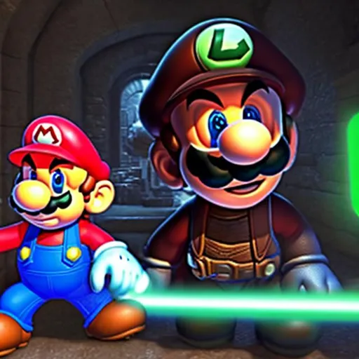 Prompt: a photo of one Mario with a lightsaber fighting one Luigi in Bowsers castle

