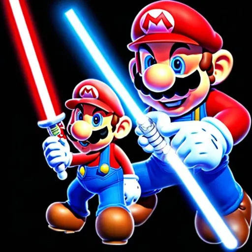 Prompt: a photo of a Mario carrying a lightsaber

