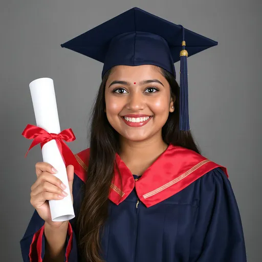 Prompt: An indian girl holding degree in hand, head high, bright eyes, glowing face.