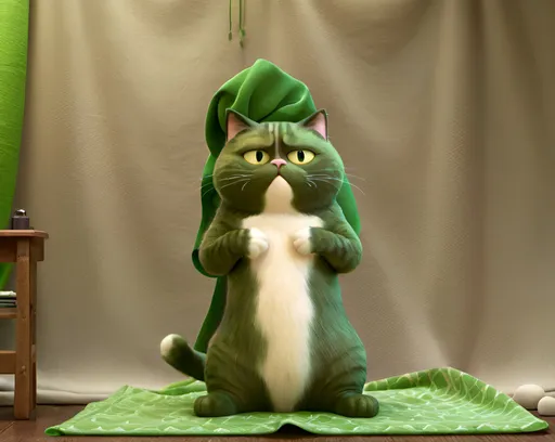 Prompt: A very high resolution 8k photographic illustration of a megistic cat deep colour sitting on a wonderful green cloth 