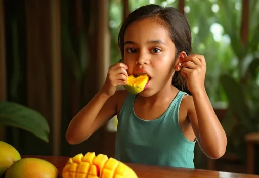 Prompt: Young girl eating mango in cool indoor lighting, high resolution, realistic, detailed facial expression,  tropical vibe, realistic lighting, juicy mango, detailed face, indoor setting, best quality, highres, detailed, realistic, tropical, warm tones, detailed facial expression, indoor, atmospheric lighting