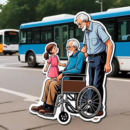 Prompt: old man on wheelchair with young girl  going to take the bus