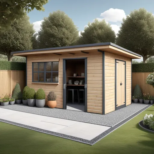 Prompt: Detailed 3D illustration of a square garden shed measuring 4m length, 4m breadth, 2m height, precise measurement labeling displayed clearly, showcasing a flat roof covered with 400 tiles, each 20cm x 20cm. Surrounding the shed, there's a perimeter laid with 20m² of distinct pebble mix, creating a detailed and realistic outdoor space ambiance. Premium quality, ultra-detailed, and visually clear for effective visualization.