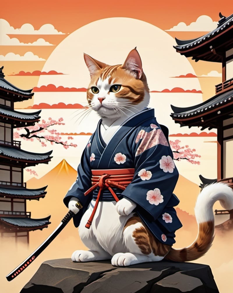 Prompt: samurai cat in comic style, cat is sitting,  Japanese style decorations to the left and right of the cat, like buildings and landscape shapes, sunrise above the cat