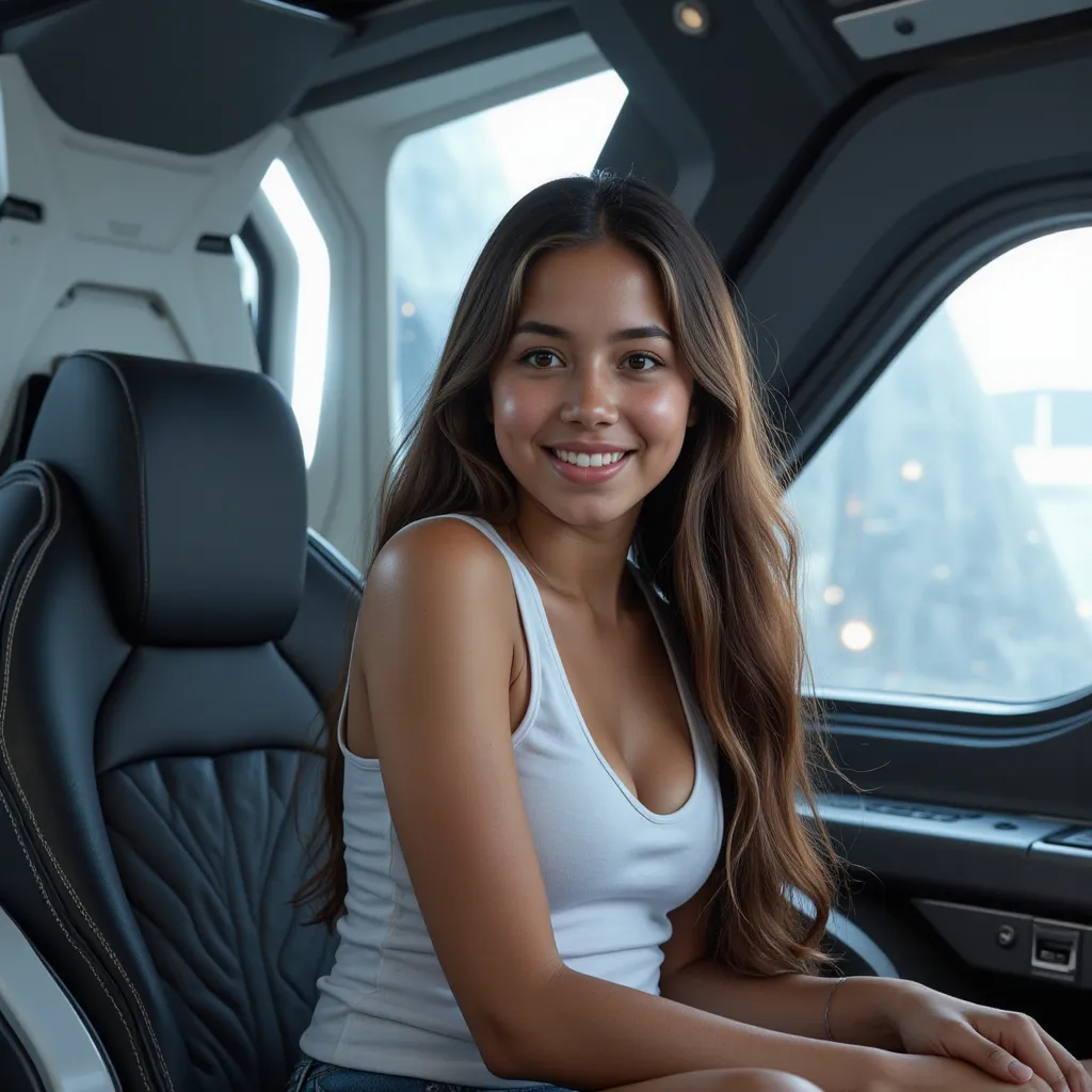 Prompt: Girl sitting in a spaceship, (realistic), gentle smiling, long hair, (natural lighting), sleek spaceship interior with futuristic controls, soft shadows and highlights creating depth, inviting ambiance, crystal-clear details, (HD), serene atmosphere