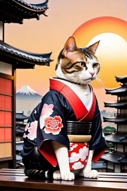 Prompt: samurai cat, Cat sits slightly to the side and strictly observes the viewer, Japanese style decorations to the left and right of the cat like japanese buildings and landscape shapes, sunrise above the cat