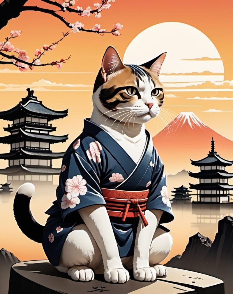 Prompt: samurai cat in comic style, cat is sitting,  Japanese style decorations to the left and right of the cat, like buildings and landscape shapes, sunrise above the cat