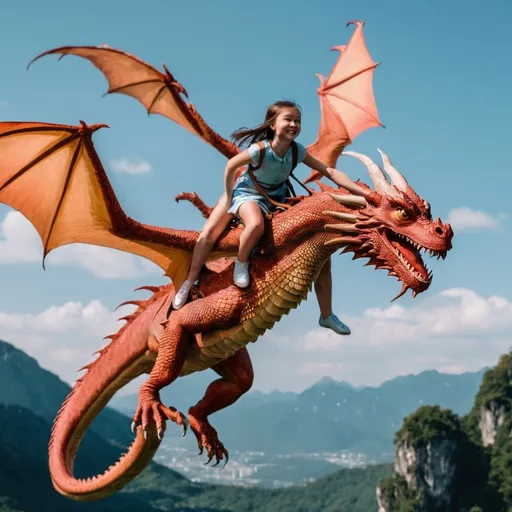 Prompt: A flying dragon with a girl on its back