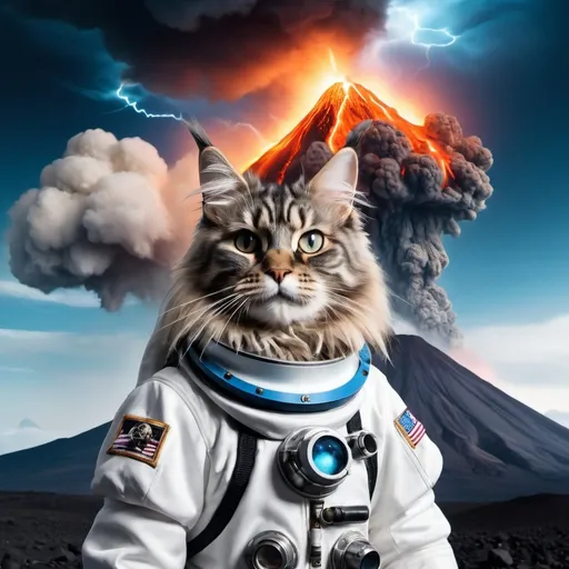 Prompt: A mainecoon cat in an astronaut suit personified infront of a volcano spewing blue lightning into a cursed sky