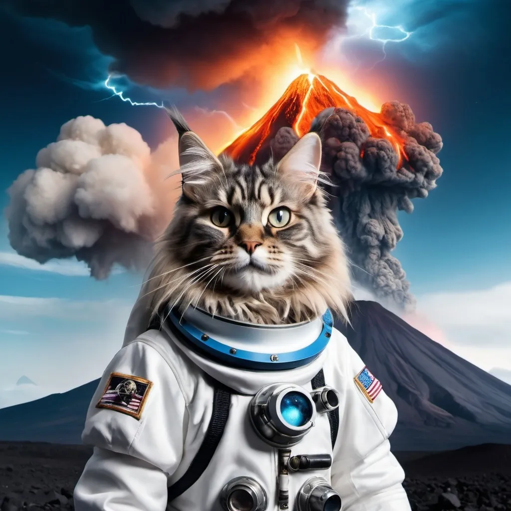 Prompt: A mainecoon cat in an astronaut suit personified infront of a volcano spewing blue lightning into a cursed sky