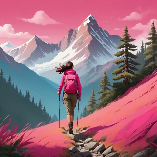 Prompt: Create an illustratio using a vibrant pink color palette. The artwork should showcase creativity and innovation through a simplistic, minimalist design. Depict a A woman hiking in the mountains, leading a group of explorers, with a beautiful landscape in the background.