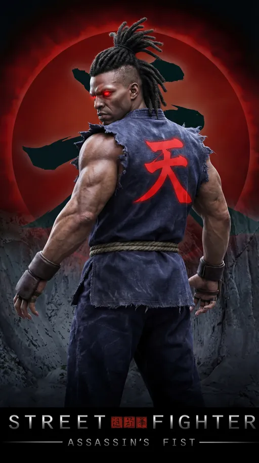 Prompt: 

Black light‑skinned man with a dreaded mohawk, wearing a torn‑sleeve karate gi styled like akuma from Street Fighter. Rope instead of belt. back of the gi shows akuma symbol symbol. Full‑body red eyes