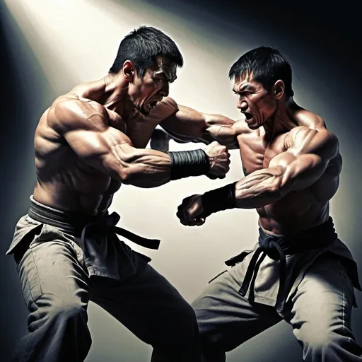 Prompt: Intense, high-action illustration of two men in combat, dynamic poses, realistic martial arts, dramatic lighting and shadows, high contrast, detailed muscle definition, rugged and intense facial expressions, high quality, realistic style, intense combat, dynamic poses, high contrast, dramatic lighting and shadows, detailed facial expressions, muscular physique, action-packed, realistic style