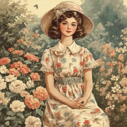 Prompt: retro art, one girl dress antique clothes in the flower garden, retro art,illustration,  Vintage , retro flower in the background, highly detailed