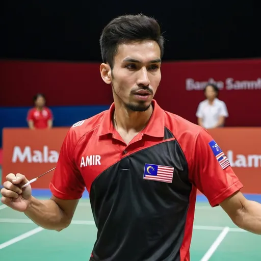 Prompt: A man. Badminton player. Wear a shirt with name Amir on his shirt. His shirt have a Malaysia flag