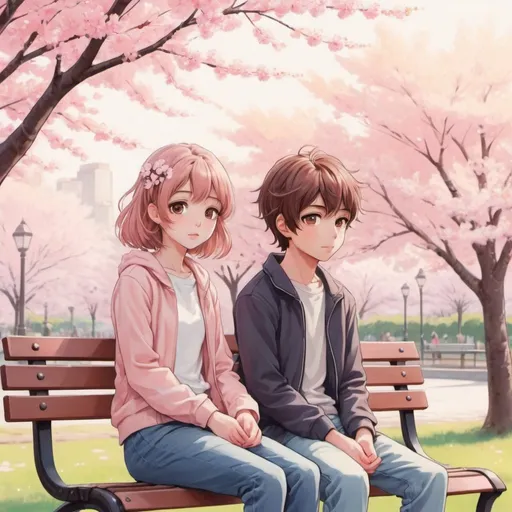 Prompt: Anime illustration of a boy and girl sitting on a park bench, cherry blossom trees in the background, warm pastel color palette, detailed eyes and facial features, gentle and serene atmosphere, high quality, anime, pastel colors, detailed eyes, gentle atmosphere, serene, park setting, cherry blossom trees