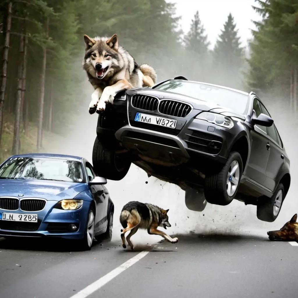 Prompt: Bmw crash whith Audi and a wolf jump over the cars