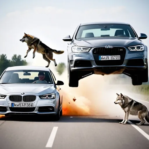 Prompt: Bmw crash whith Audi and a wolf jump over the cars