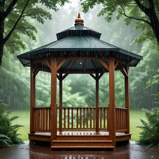 Prompt: Create an image of rain falling in a forest on a gazebo