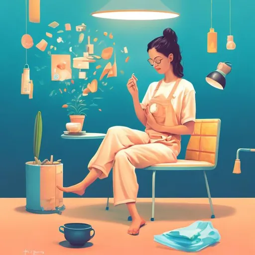 Prompt: 
"Create a illustraitor painting about lively, depicting a person sitting with a calm and carefree mind, comfortably carrying out their daily tasks."
