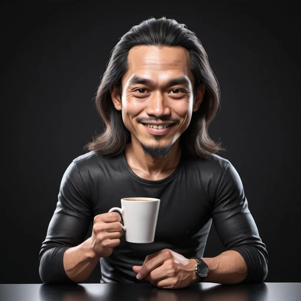 Prompt: Realistic 4D caricature of a 30 year old Indonesian man, wearing a long-sleeved black shirt, long hair, sitting holding a cup of coffee, sitting expression in a sideways position, black gradient background, full body