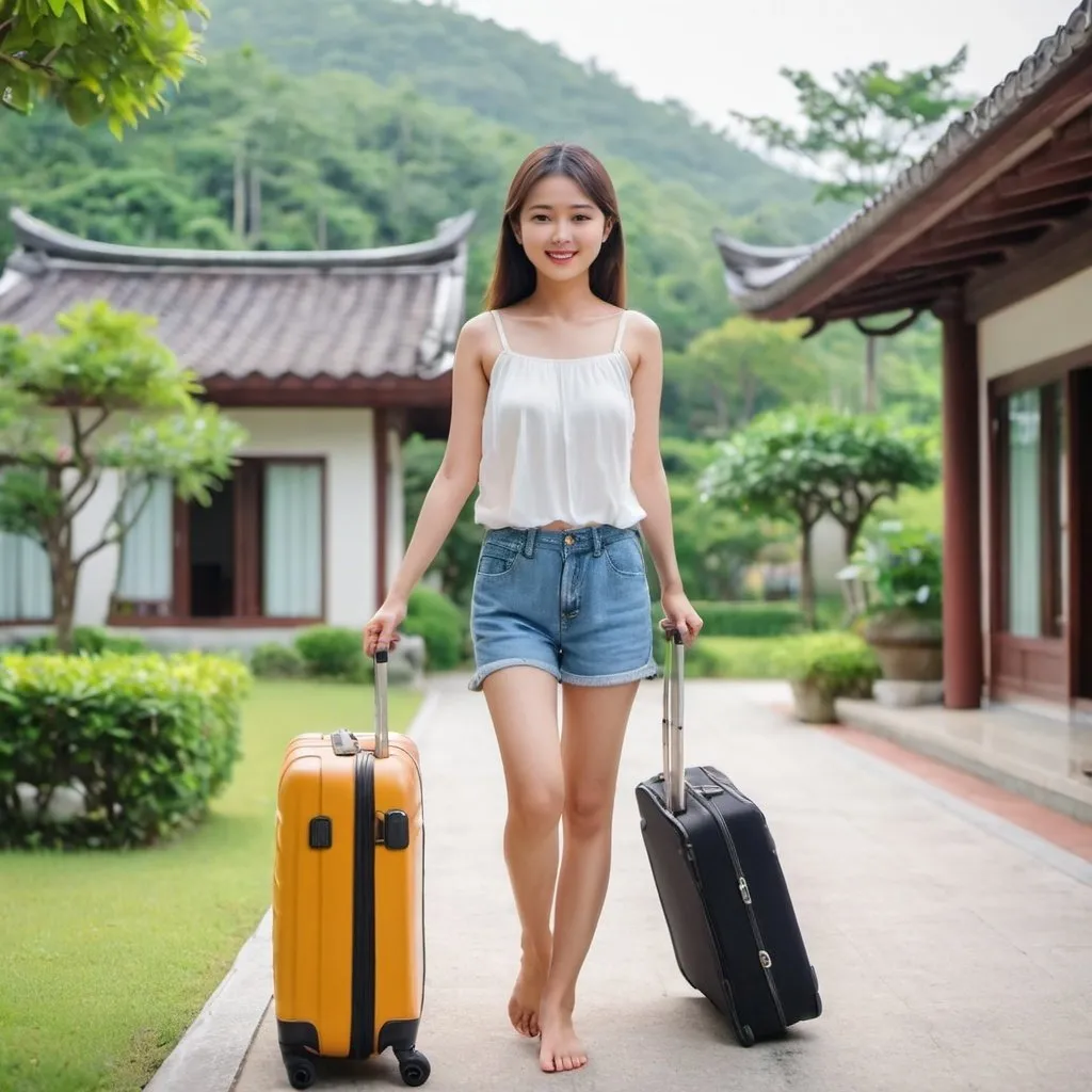 Prompt: a beautiful asian girl bring the suitcase and go to the villa with familly