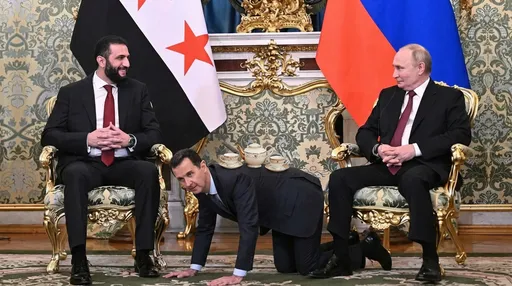 Prompt: You replace the table with Bashar al-Assad on his four legs, with a teapot and teacups on top of him.