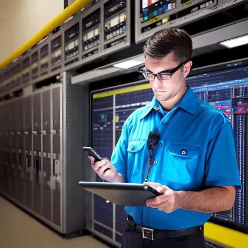 Prompt: an engineer is in a rack room with a tablet doing a service call