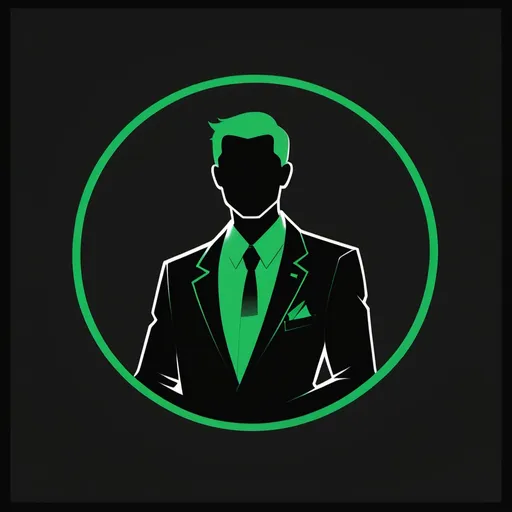 Prompt: A minimalist avatar with a black background and green accents. In the center is a silhouette of a man in a business suit, standing or sitting. Behind him or to the side is a large green dollar symbol ($) or a percent sign (%), made in a simple and modern style. The silhouette and symbol should be contrasting and easy to read. No complicated graphs or lines, just a clean, professional and recognizable symbol of finance.