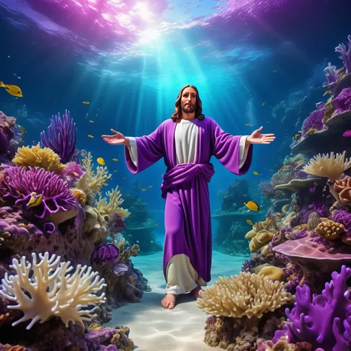 Prompt: Jesus Christ integrated in the scenery, enchanting (purple coral reef), intricate underwater details, vibrant marine life surrounding the coral, soft ambient lighting filtering through water, dreamy and imaginative atmosphere, high-quality, vivid colors, enchanting exploration of a magical underwater world.