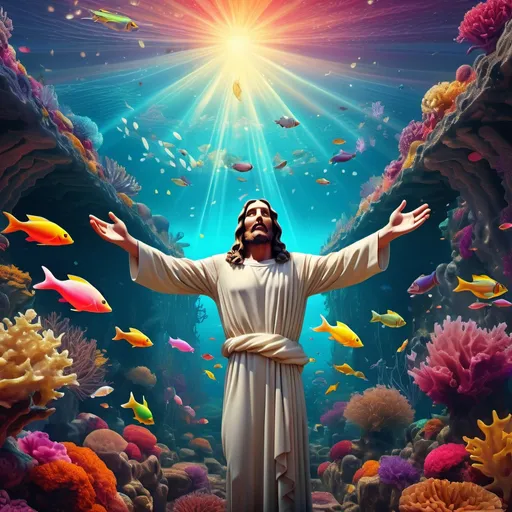 Prompt: Jesus (arms outstretched, hands to the side), surrounded by vibrant corals and colorful fish, (Dionysian influence), (gothic art style), ethereal underwater scene, (chariots of fire illuminating the sky), mystical and surreal atmosphere, breathtaking intricate details, high-quality digital rendering, immersive and dream-like ambiance, cool tones, captivating light play through the water.