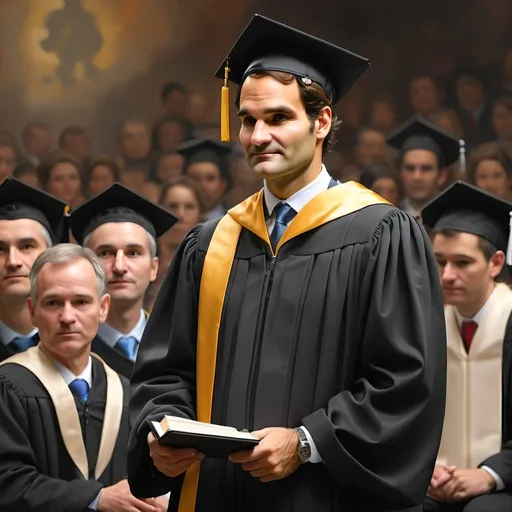 Prompt: Create a painting of Roger Federer giving a graduation ceremony speech in the style of Rembrandt. Have the background behind Federer be robots