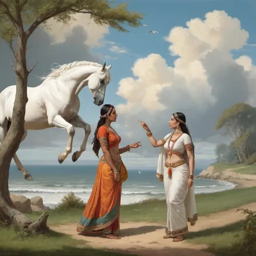 Prompt: Two women talking to each other in a landscape with clouds and trees in the background, the woman dressed in Indian attire resembling a queen, a white horse flying past, the two talking while looking at the seashore